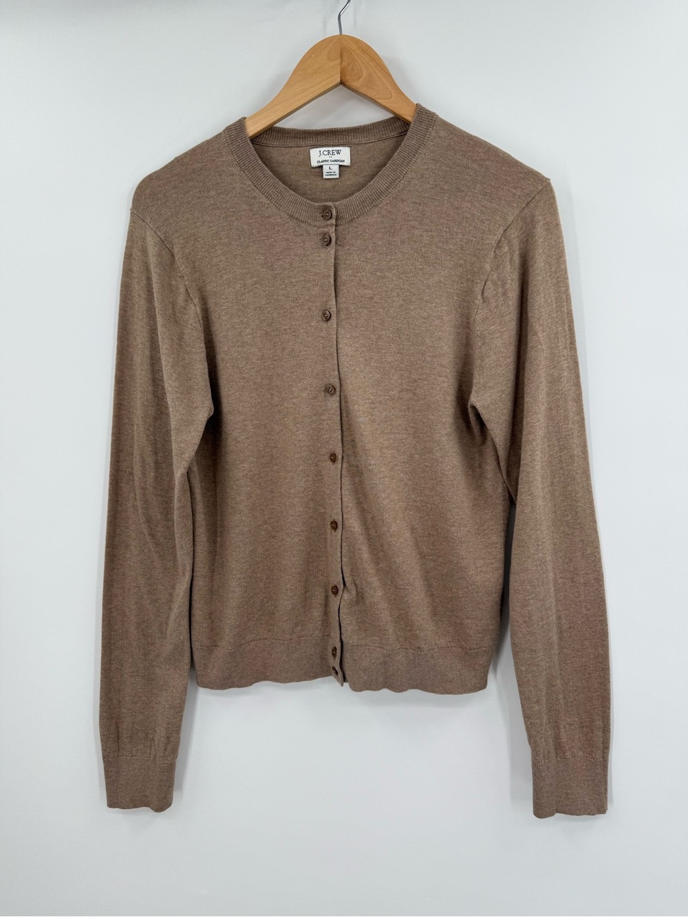J.Crew Classic Cotton Button Front Crewneck Cardigan | Heather Taupe | Large